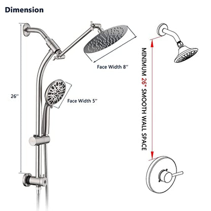Rainfall 8 Inch Round Shower Head with High Pressure Handheld Spray Combo, Drill-Free Slide Bar with Adjustable Shower Extension Arm, 3-Way Diverter for Easy Reach, 5Ft Hose- Brushed Nickel - color: Brushed Nickel