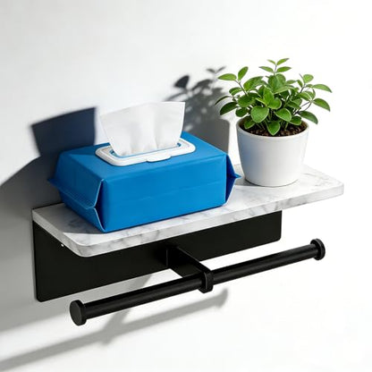 Matte Black Toilet Paper Holder Wall Mount, NEWRAIN Rustproof Commercial Double Toilet Tissue Holder with Marble Phone Shelf, Stainless Steel Toilet Roll Holder for Bathroom, Washroom, Hotel, RV - color: Matte Black, style: Marble