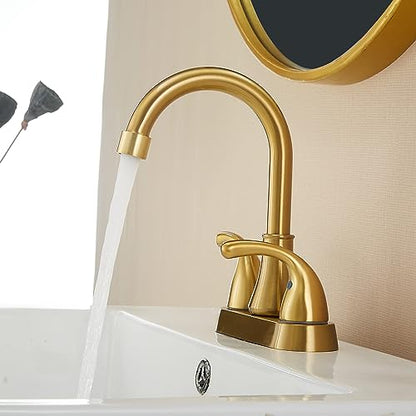 Bathroom Sink Faucet FRANSITON 4 Inch 2 Handle Lead-Free Brushed Glod Bath Sink Faucet with Pop-up Drain Stopper and Supply Hoses - color: Brushed Gold