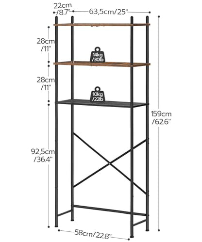 HOOBRO Over the Toilet Storage, 3-Tier Over Toilet Bathroom Organizer, Freestanding Above Toilet Shelf with Adjustable Feet, Space Saving, Easy Assembly, Rustic Brown and Black BF63TS01 - color: Rustic Brown + Black