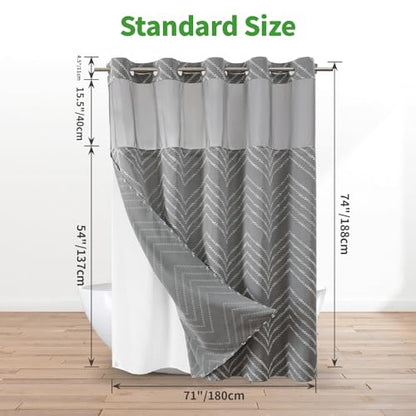 Grey No Hook Shower Curtain with Snap-in Liner Set,Boho Modern Farmhouse White Tufted Chevron Striped Design,Woven Fabric Bathroom Curtain,71x74 - color: White Grey, size: 71"W x 74"L (Pack of 1)
