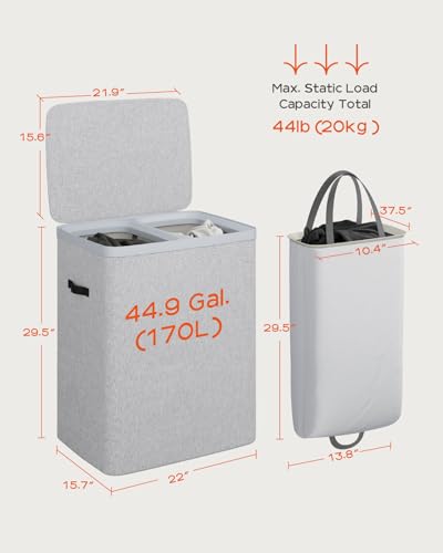 CASAMAYA Laundry Basket with Lid, Laundry Hamper 2 Section, 170L collapsible Laundry Organizer, Easy Assembly, with Handles and Removable Liners, 22 x 15.7 x 29.5 Inches, Gray JSP903G - color: Gray, size: 170L(2-Section)