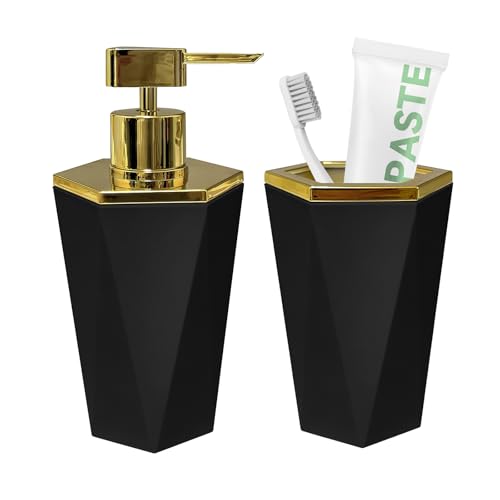 2 Piece Plastic Bathroom Accessories Set, Black Bathroom Sets Accessories | Soap Dispenser and Toothbrush Holder, Modern Bathroom Decor, Bathroom Sets Accessories
