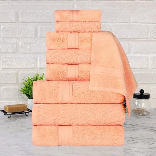 SUPERIOR Cotton Chevron 9-Piece Towel Set, Zero Twist, Quick Dry, Home Essentials, Shower, Spa, Luxury Plush Soft Absorbent Towels, Includes 3 Bath, 3 Hand, 3 Washcloth/Face Towels, Peach - color: Peach, size: 9 Piece Towel Set (Solid + Jacquard)