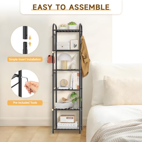 PouHenier.jh Tall Metal Narrow Skinny Shelf Unit for Bathroom, 6 Tier Black | Free Standing, Thin Shelving for Pantry or Kitchen, Slim Open Tower Rack, with 10 Hooks, Space Saving, No Tools Assembly