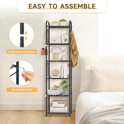 PouHenier.jh Tall Metal Narrow Skinny Shelf Unit for Bathroom, 6 Tier Black | Free Standing, Thin Shelving for Pantry or Kitchen, Slim Open Tower Rack, with 10 Hooks, Space Saving, No Tools Assembly