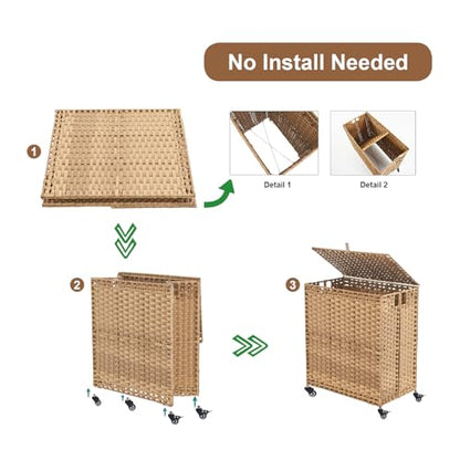 Laundry Hamper with Wheels&Lid, 50.2 Gallons(190L) Rolling Laundry Basket with Wheels, 3-Section Laundry Hamper, Handwoven Rattan Clothes Hamper with 6 Removable Liner& 3 Mesh Laundry Bags, Natural - color: Natural