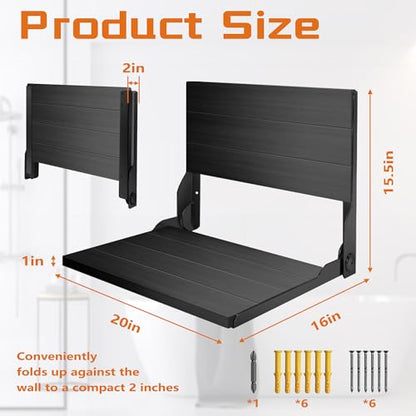 Teak Shower Bench, Folding Shower Chair Wall Mounted, Wood Folding Shower Seat, Teak Shower Bench for Inside Shower, 20 Inch Wide, 500 lbs Capacity (All Black, 20'' W x 16'' D x 20'' H) - color: All Black