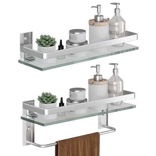 Bathroom Shelves Wall Mounted, Clear Tempered Glass Shelf with Towel Bar, Hand Towel Holder(Matte Silver) - color: Silver, size: Combo Set