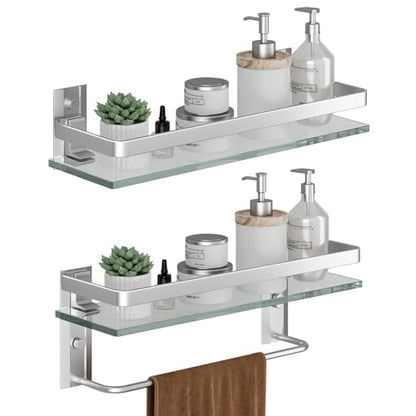 Bathroom Shelves Wall Mounted, Clear Tempered Glass Shelf with Towel Bar, Hand Towel Holder(Matte Silver) - color: Silver, size: Combo Set