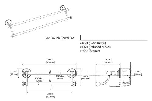 Gatco 4024 Tavern, Double Towel Bar, 24”, Satin Nickel - color: Satin Nickel