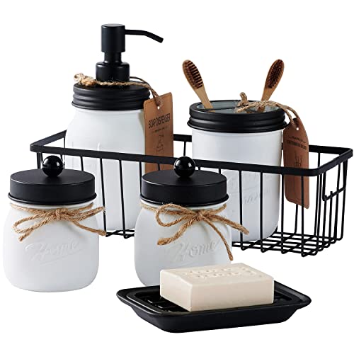 SheeChung Mason Jar Bathroom Accessories Set,6Pcs Rustic Bathroom Set,White | Glass Bathroom Accessory Set, Soap Dispenser, Toothbrush Holder, 2 Qtip Holders,Soap Dish,Wire Basket,Western Farmhouse Decor - color: Rustic White