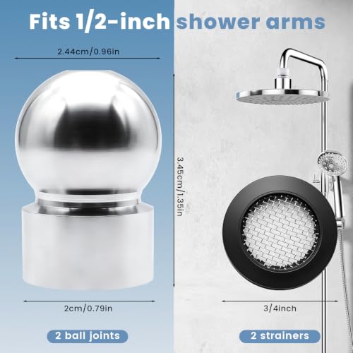 2 PCS 1/2-Inch Iron Pipe Shower Arm Ball Adapter with Gasket Washer Filters, Shower Head Swivel Adapter, Shower Ball Joint Adapter for Standard Swivel Heads (Chrome Finish)