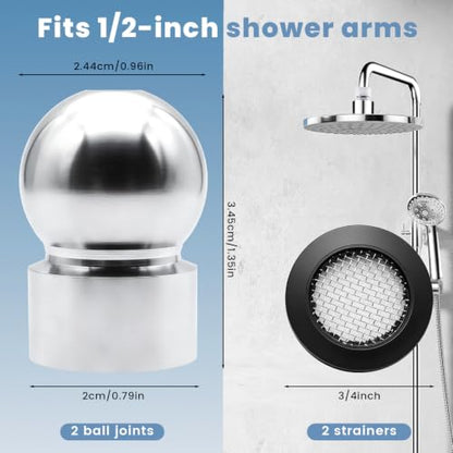 2 PCS 1/2-Inch Iron Pipe Shower Arm Ball Adapter with Gasket Washer Filters, Shower Head Swivel Adapter, Shower Ball Joint Adapter for Standard Swivel Heads (Chrome Finish)