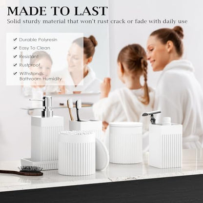 6-Piece White Bathroom Set - Modern Resin Bathroom Accessories Set with Soap Dispenser, Toothbrush Holder, Vanity Tray, Tumbler & Apothecary Jars for Small Spaces - color: White