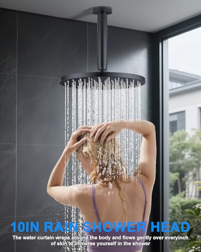 Woindo Shower System with Pressure Balance Valve, 10" Ceiling Mount Shower Faucet Set with 2 Rain Shower Head And Multi-function Handheld Head Push Button Diverter Pressure Balancing Valve Kit - color: Matte Black, style: 10"-Round