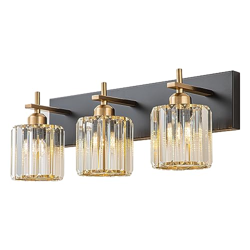 Modern Crystal Bathroom Vanity Lights, 3-Lights Black Gold Bathroom Light Fixtures Over Mirror, Crystal Vanity Light with Polished Gold Finish(Exclude Bulb) - color: Black Gold-Round Shade, size: 3-Light
