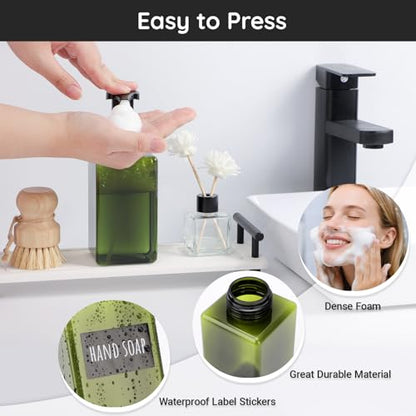 Segbeauty 15.2oz Plastic Green Foam Soap Dispensers with Labels, 4pcs Green Square Refillable Foaming Pump Bottle for Liquid Soap, 450ml Bathroom Shampoo Face Hand Wash Containers with Foaming Pump - color: Green, style: 4pcs 15.2oz