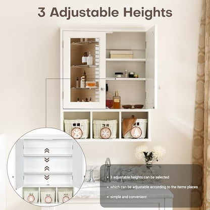 Bathroom Medicine Cabinet with Mirror Doors, Wall Mounted Cabinet with 2 Adjustable Shelves and 3 Storage Baskets, Over The Toilet Wall Cabinet for Bathroom, Laundry Room, Kitchen