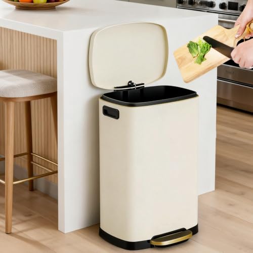 ELPHECO Kitchen Trash Can with Lid 13 Gal Stainless Steel Pedal Garbage Can | Soft Close Lid, Pedal, Heavy-Duty Fingerprint Proof Step Wastebasket with 20 Bags, Removable Bucket, Home Office, Beige - color: Beige
