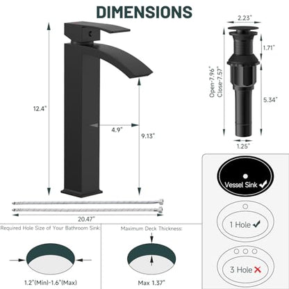 Matte Black Vessel Sink Faucet, Waterfall Bathroom Faucets | Brass, Tall Spout, Single Handle 1 Hole Bathroom Faucet, Modern Basin Taps with Supply Line, Pop Up Drain, Without Overflow - color: Matte Black, size: Tall