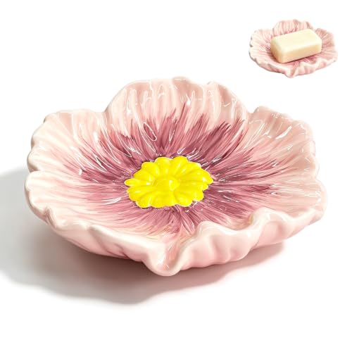 Ceramic Soap Holder with Flower Arrangements, Automatic-Draining Soap Tray for Bathroom Sink & Shower, Small Cute Elegant Glazed Holder, Easy to Clean（Rosy） - color: Rosy
