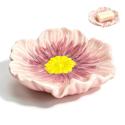Ceramic Soap Holder with Flower Arrangements, Automatic-Draining Soap Tray for Bathroom Sink & Shower, Small Cute Elegant Glazed Holder, Easy to Clean（Rosy） - color: Rosy