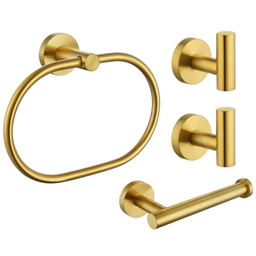 Angle Simple Bathroom Hardware Set Brushed Dark Gold, 4-Piece | SUS304 Stainless Steel Bathroom Fixtures Accessory Kit with Towel Hook x 2, Toilet Paper Holder and Rotary Towel Ring - color: Brushed Dark Gold