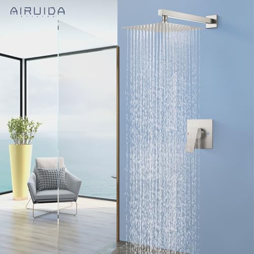 Airuida Shower Faucet Set,10 Inch Shower Valve Kit,Brushed Nickel | Male Threads,Rough-in Valve Shower Trim Kit,Single Handle Control Shower Set - color: Brushed Nickel, size: 10 Inch