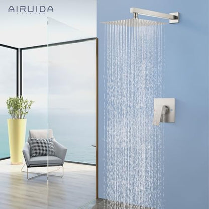 Airuida Shower Faucet Set,10 Inch Shower Valve Kit,Brushed Nickel | Male Threads,Rough-in Valve Shower Trim Kit,Single Handle Control Shower Set - color: Brushed Nickel, size: 10 Inch