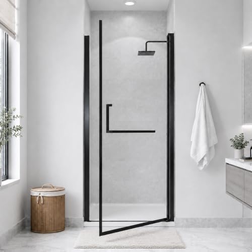 32-33.2" W x 72" H Single Frameless Pivot Swing Shower Door | 1/4" Clear SGCC Tempered Glass with a 28.1" walk-in opening, Matte Black Finish, Adjustable Width, Reversible Installation - color: Matte Black, size: 32" - 33.2"