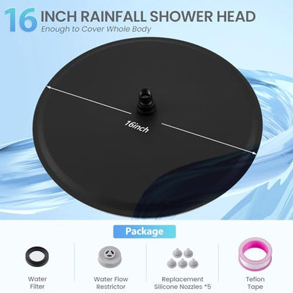 16 inch Matte Black Round Ceiling Rainfall Shower Head, All Metal Stainless Steel 304, Full Body Rainfall Shower with 230 Silicone Nozzles - color: Matte Black, size: 16 Inch