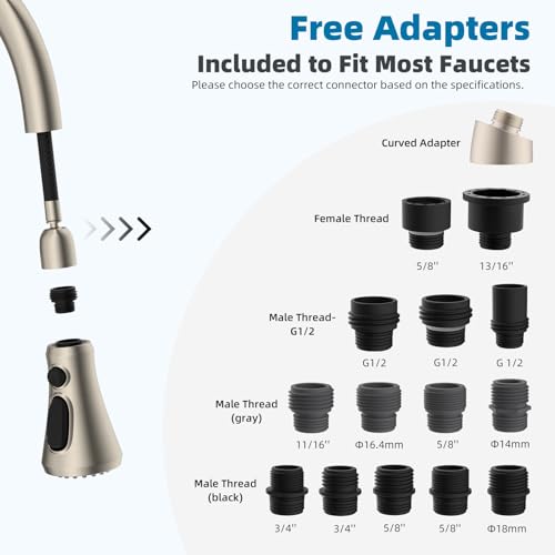Hibbent Pull Down Kitchen Faucet Head Replacement, NSF/ANSI/CAN 61 & CUPC Certified 3-Function Sink Spray Nozzle with 15 Adapters Compatible with Moen, Delta, Kohler Faucets, Brushed Nickel - color: Brushed Nickel, style: 1.8 Gallon Per Minute