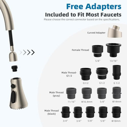 Hibbent Pull Down Kitchen Faucet Head Replacement, NSF/ANSI/CAN 61 & CUPC Certified 3-Function Sink Spray Nozzle with 15 Adapters Compatible with Moen, Delta, Kohler Faucets, Brushed Nickel - color: Brushed Nickel, style: 1.8 Gallon Per Minute
