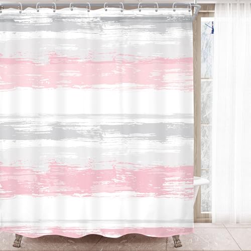 Abstract Gray Pink Women Modern Striped Neutral Bathroom Shower Curtain Set | 60Wx72H Geometric Watercolor design, waterproof HD print with fast-drying fabric and 12 hooks. - color: A3-pink Grey, size: 60"W x 72"L (Pack of 1)