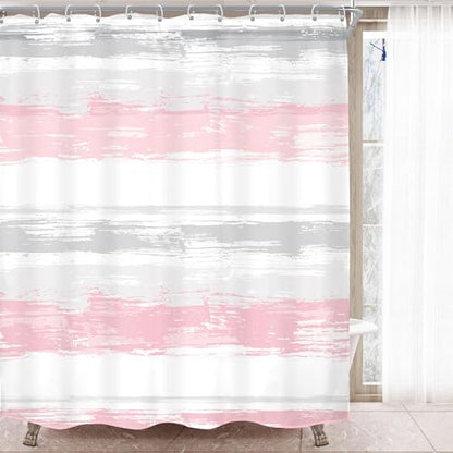 Abstract Gray Pink Women Modern Striped Neutral Bathroom Shower Curtain Set | 60Wx72H Geometric Watercolor design, waterproof HD print with fast-drying fabric and 12 hooks. - color: A3-pink Grey, size: 60"W x 72"L (Pack of 1)