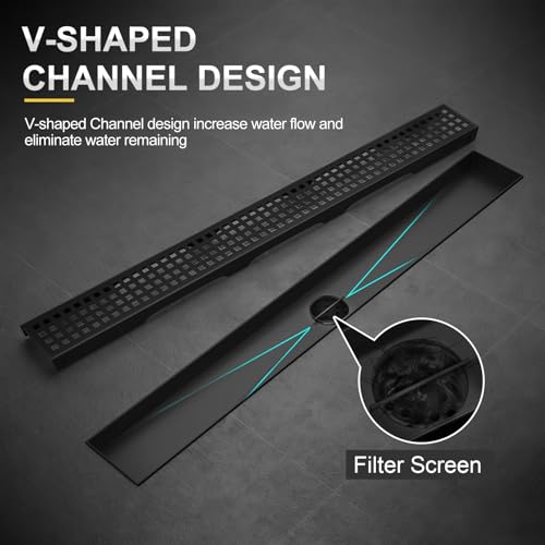 Linear Shower Drain - 12 Inch Matte Black, with Grate Removable | AISI 304 Stainless Steel Shower Drain with Adjustable Feet, Hair Catcher, Rectangle Shower Floor Drain Fits Bathroom, Balcony - color: Matte Black, size: 12 Inch