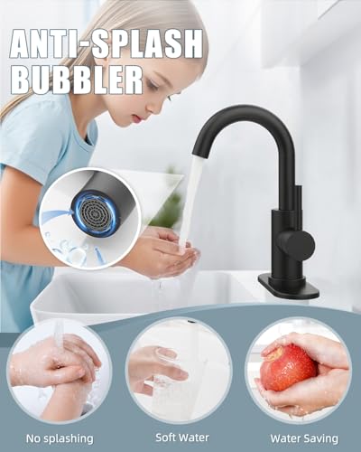 Black Bathroom Faucet with Pop-up Sink Drain Stopper, Stainless Steel Bathroom Sink Faucet, Single Handle 360° Swivel Gooseneck Spout Suitable for Bar Kitchen RV Vanity - color: 1.Matte Black, style: 2 PCS