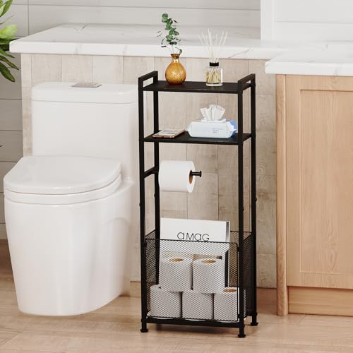 Free Standing Toilet Paper Holder Stand with Shelf, Bathroom Tissue Storage Stand Toilet Roll Dispenser Storage Rack for Phone, Wet Wipe, Bathroom Storage and Organizer Shelf for Small Space
