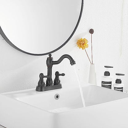 Oil Rubbed Bronze Bathroom Faucet 2 Handles 4 Inches Centerset RV Bathroom Vanity Faucet with Drain Assembly and Supply Hose Lavatory Faucet - color: Oil Rubbed Bronze, size: Centerset