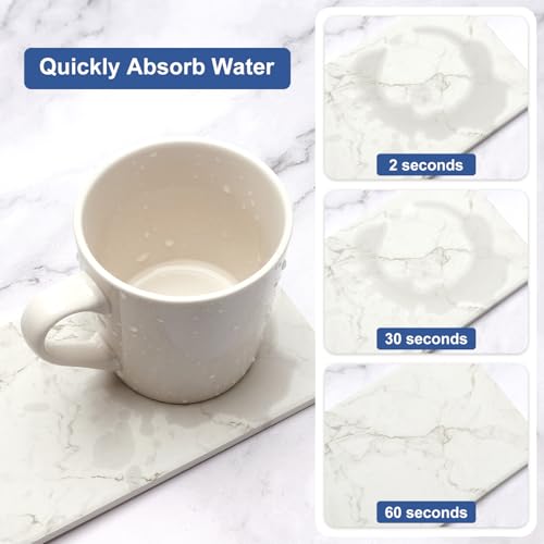 2 Water Absorbing Stone Drying Trays for Bathroom Sink Kitchen Soap Counter | Soap Dish Dispenser Sponge Holder White Ceramic Bathroom Vanity Quick Dry Stone Mat for Kitchen Sink Marble Diatomite Tray - color: White Marble