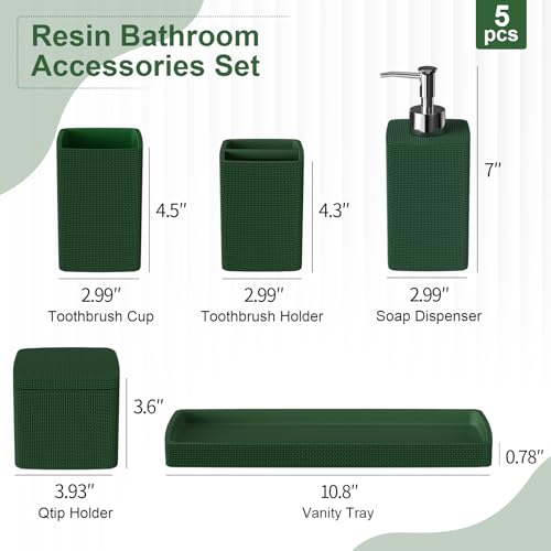 Dark Green Bathroom Accessories Set 5 Pieces, Resin Toothbrush Holders Set Complete with Soap Dispenser, Toothbrush Holder, Vanity Tray, Bathroom Tumbler and Qtip Holder for Small Spaces - size: 5 Pcs Bathroom Set, style: Dark Green