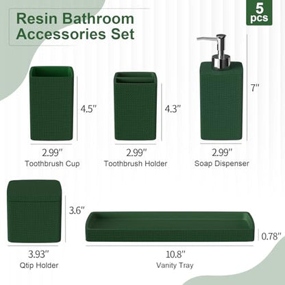 Dark Green Bathroom Accessories Set 5 Pieces, Resin Toothbrush Holders Set Complete with Soap Dispenser, Toothbrush Holder, Vanity Tray, Bathroom Tumbler and Qtip Holder for Small Spaces - size: 5 Pcs Bathroom Set, style: Dark Green