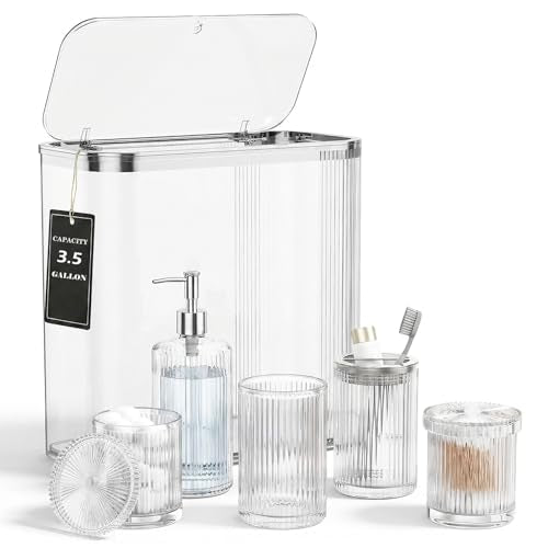 Clear Bathroom Accessories Set, 3.5 Gal Trash Can with Lid, Glass Bathroom Set Include Soap Dispenser, Toothbrush Holder, Tumbler, Qtip Holders, Cute Bathroom Sink Set, Vintage Bathroom Decor - color: Clear, size: 6 Pieces