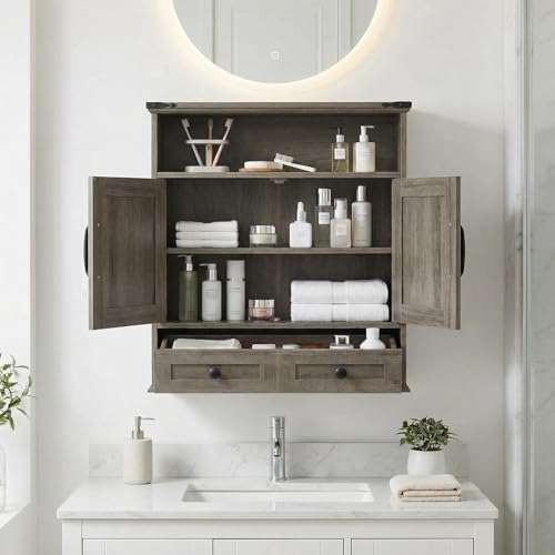 Bathroom Cabinet with Double Barn Doors – Wall Mounted Medicine Cabinet over Toilet with Adjustable Shelf & Drawer, 25" Wide Hangging Storage Cabinet for Bathroom, Kitchen, Laundry, Entryway Gray - color: Grey