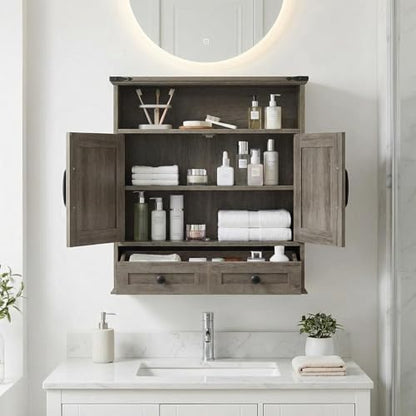 Bathroom Cabinet with Double Barn Doors – Wall Mounted Medicine Cabinet over Toilet with Adjustable Shelf & Drawer, 25" Wide Hangging Storage Cabinet for Bathroom, Kitchen, Laundry, Entryway Gray - color: Grey