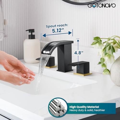 gotonovo Waterfall Bathroom Faucet 3 Hole Square Body,Black&Brushed Gold | SUS304 8’’ Widespread Bathroom Sink Faucet,2.17’’ Wide Spout,24’’ cUPC Hose,Pop Up Drain,2 Handle,Vanity,Lavatory,Basin,RV - color: Black&Gold