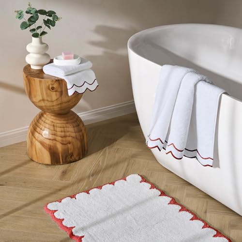 Peri Home 2 Piece Cotton Bath Towel Set, Embroidered, White, Red Scallop - color: White With Chili Red Scallop, size: 2 Bath Towel