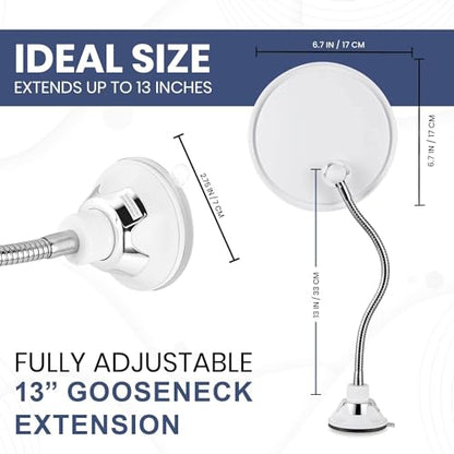 Flexible Round Fogless Shower Mirror for Shaving with Height Adjustable Gooseneck Extension, 360° Swivel and Upgraded Suction Cup - Shatterproof 6.7" Diameter Surface | Upgraded 360° Swivel Suction Cup, Flexible Extension Arm & Shatterproof Design - Deliv