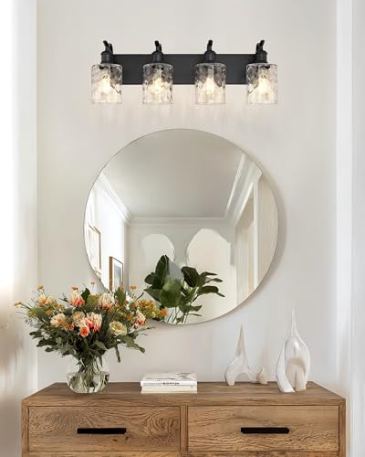 Bathroom Vanity Light Fixtures 4-Light Hammered Glass Modern Wall Mounted Over Mirror Black - VL01BKH-4 - color: Black & Hammered Glass, size: 4 LIGHT